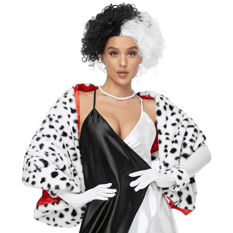 

Halloween Cruella Dalmatian Scarf Cape Cloak Long and Short Plush Coat with Black and White Spots for Witch Cost
