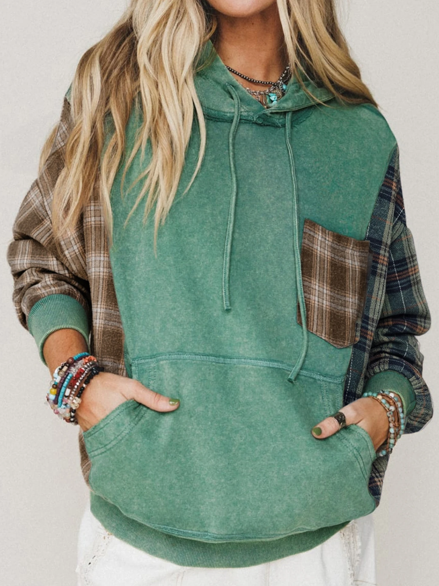 DearLover Vintage Washed Hoodie Women's Autumn Winter New Plaid Color Block Long Sleeve Overhead Shirt Loose Fit Drawstring