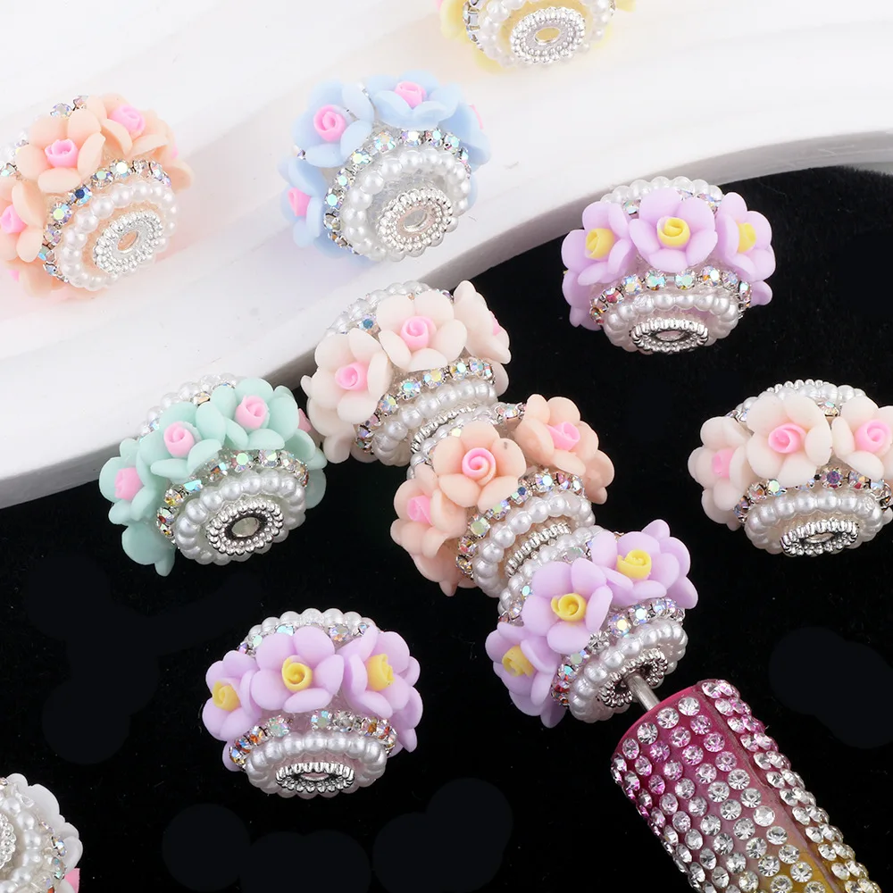 

DIY Jewelry Findings Polymer Clay FLowers Decorated Rhinestones Pearl Beads Fit Bracelet Necklace Earring Pen 20pcs 21*16mm