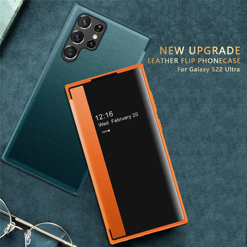 Smart Window View Leder-Flip-Handyhülle für Samsung Galaxy S25 S26 Ultra S24 S23 S21 FE Note 20 Ultra Vollschutz-Cover