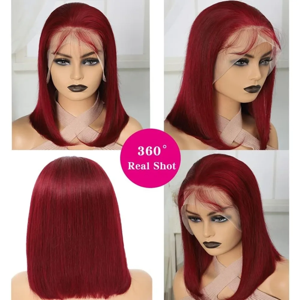 13x4 الدانتيل الجبهة 99J بورجوندي بوب شعر مستعار 100% شعر بشري حقيقي HD شفاف قبل قطعها شعر مستعار مستقيم للنساء ملابس السفر الطرف