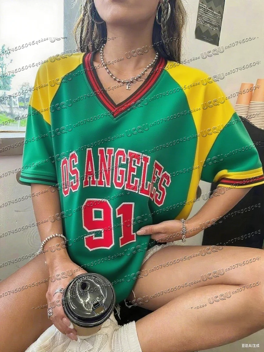 

American Retro Contrasting Street Wear Short Sleeved Jersey T-Shirt V-Neck Versatile Digital Print Tee Summer Women'S Sports Top