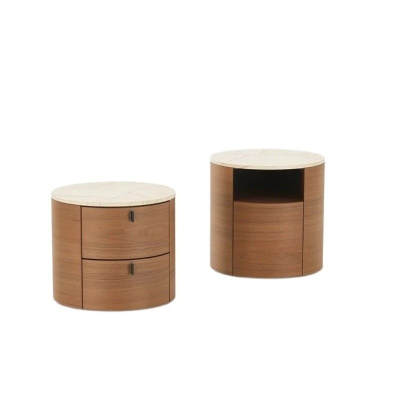 Italian minimalist round bedside table smoked bedroom storage cabinet solid wood rock slab small apartment