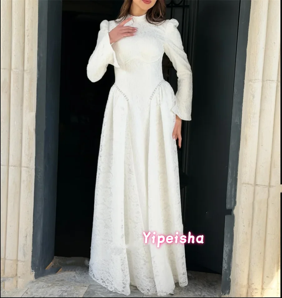 

Customized Women's Formal Evening Gowns Long Sleeves Lace Pleat A-line Long Prom Dresses Wedding Party Dress Elegant 2026