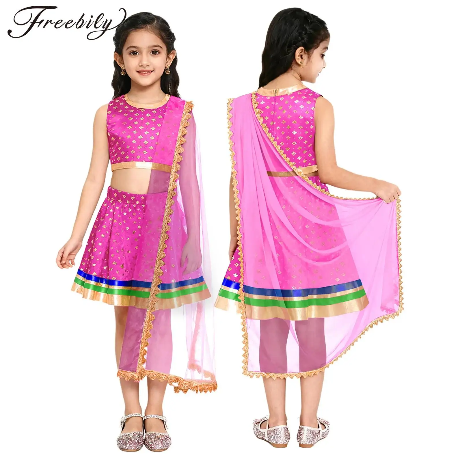 Girls Indian Traditional Ethnic Lehenga Choli Outfit Metallic Floral Print Crop Top with Skirt Halloween Theme Party Costume