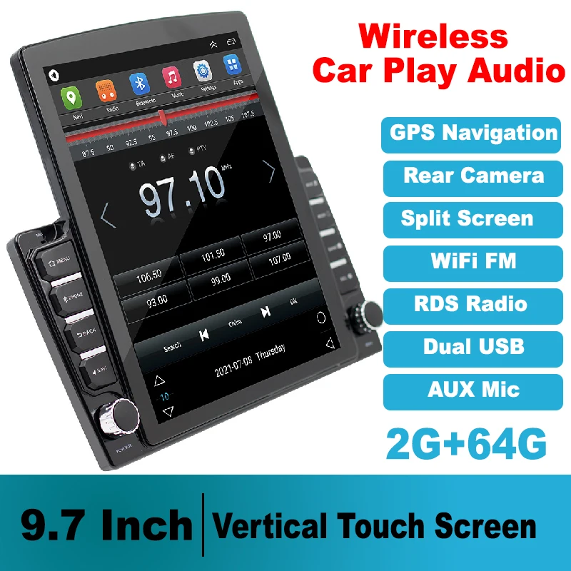 

Android Car Stereo 9.7 Inch Vertical Touchscreen 2+64G Car Auto Radio, Wireless Car Play Audio Receivers Head Unit,with GPS