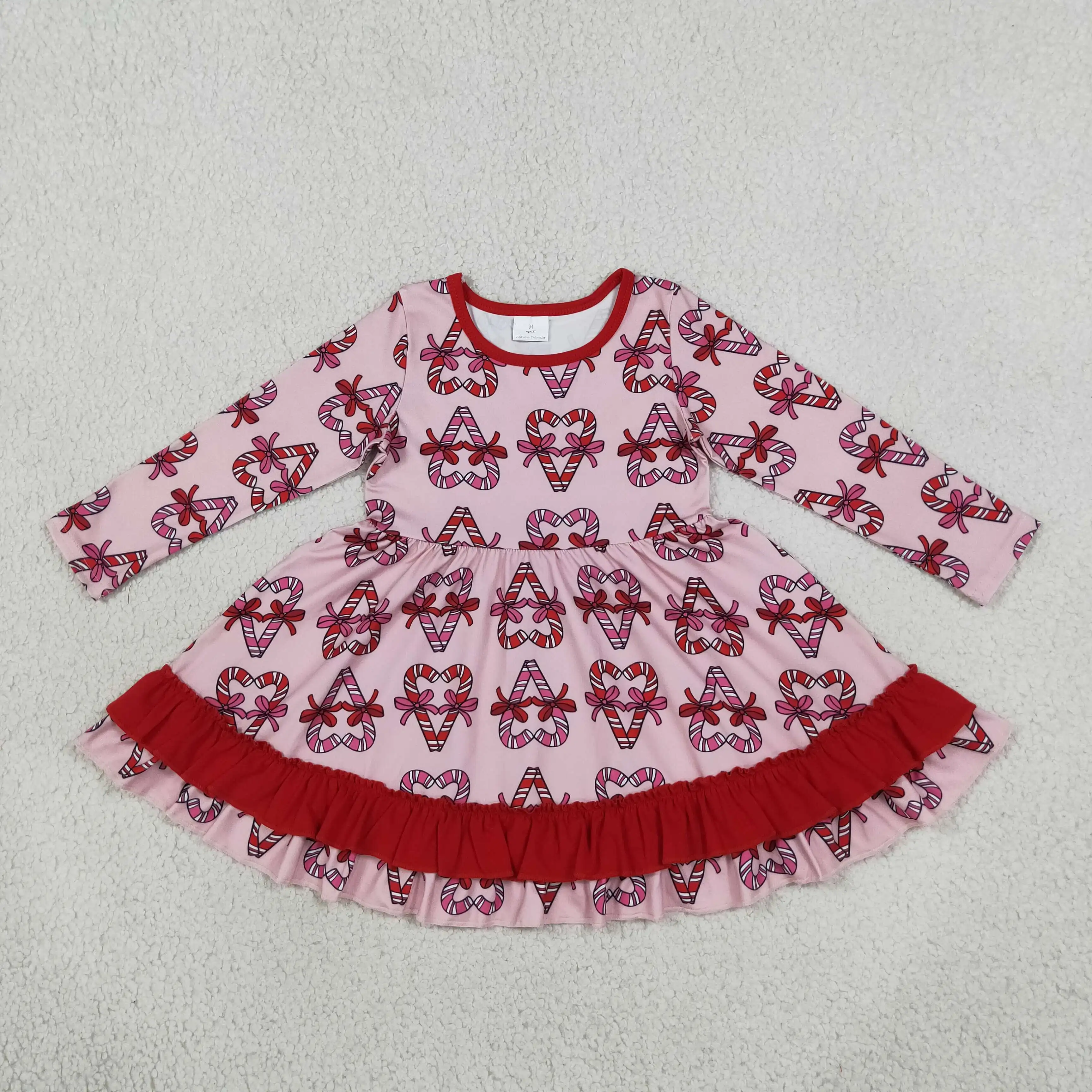 Wholesale Children Long Sleeves Hearts Bows Clothing Baby Girl Toddler Clothes Kids Girls Valentine Ruffle Dress