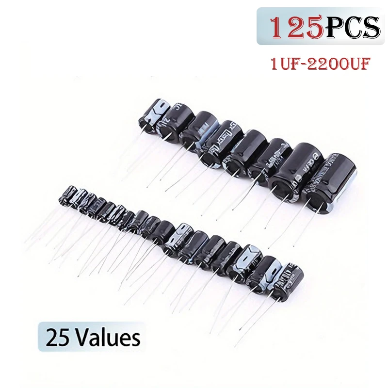 125PCS Electrolytic Capacitor Kit 1uF-2200uF 25Values DIP Components for Electronic Repair DIY Experiment Projects