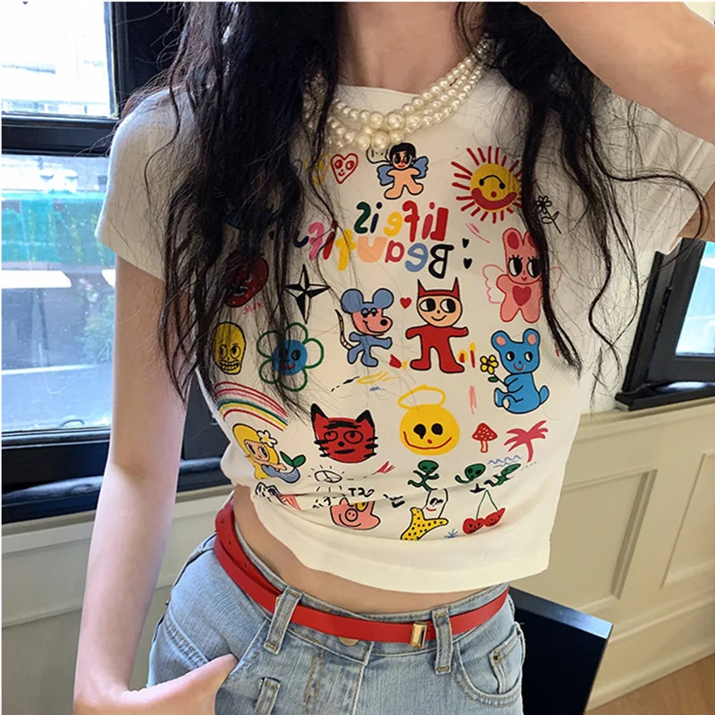 

2024 New Spring Fun Cartoon Multi Pattern Cute Shirt Women's Retro Print Slim Fit T-shirt