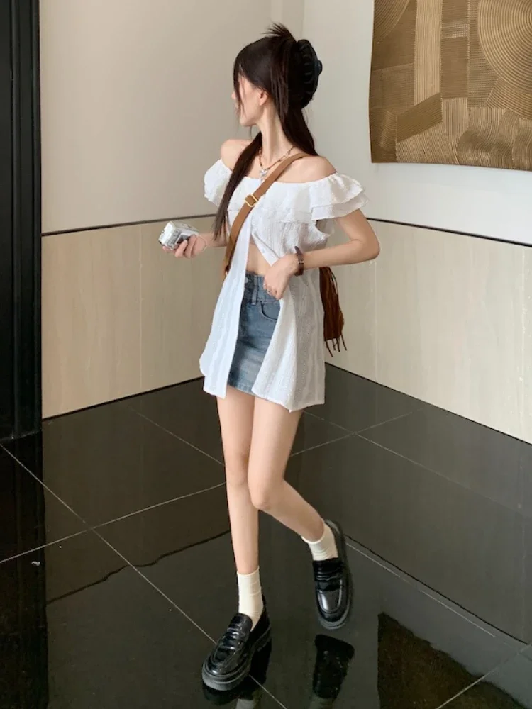 Bluse für Damen, sexy, Slash-Ausschnitt, ärmellos, Sommerhemd, Rüschen, einreihig, süße Blusen, Y2k, gehäkelt, schlank, süße Oberteile