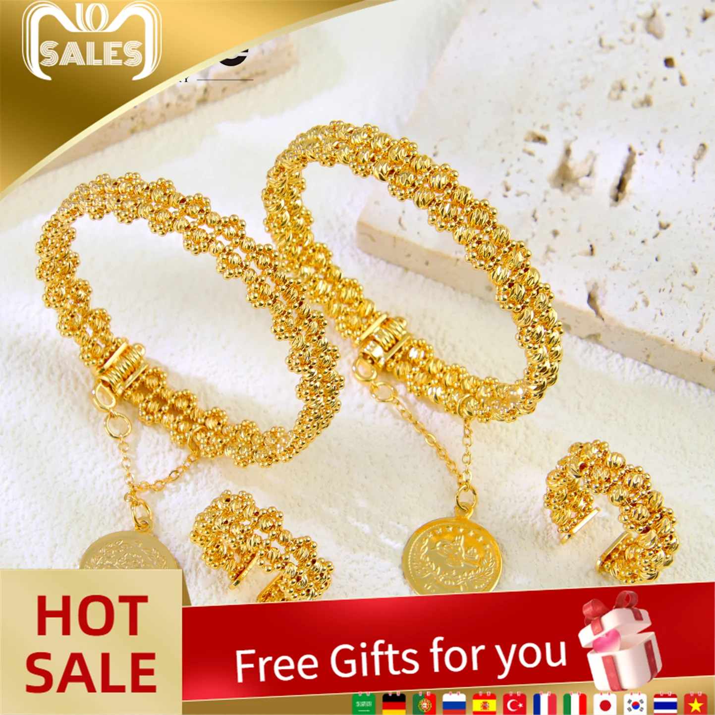 

Nigeria Wedding Jewelry Bracelet Rings Set 21k Gold Plated Dubai Beads Adjustable Bangles Ring Moroccan Bridal Vintage Jewelrys