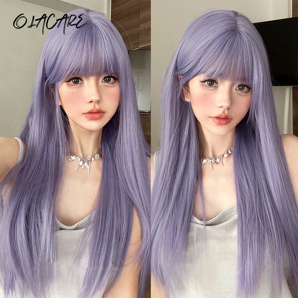 OLACARE Purple Long Straight Synthetic Wigs for Women Colorful Cosplay Party Fake Hair with Bangs White Wig High Temperature