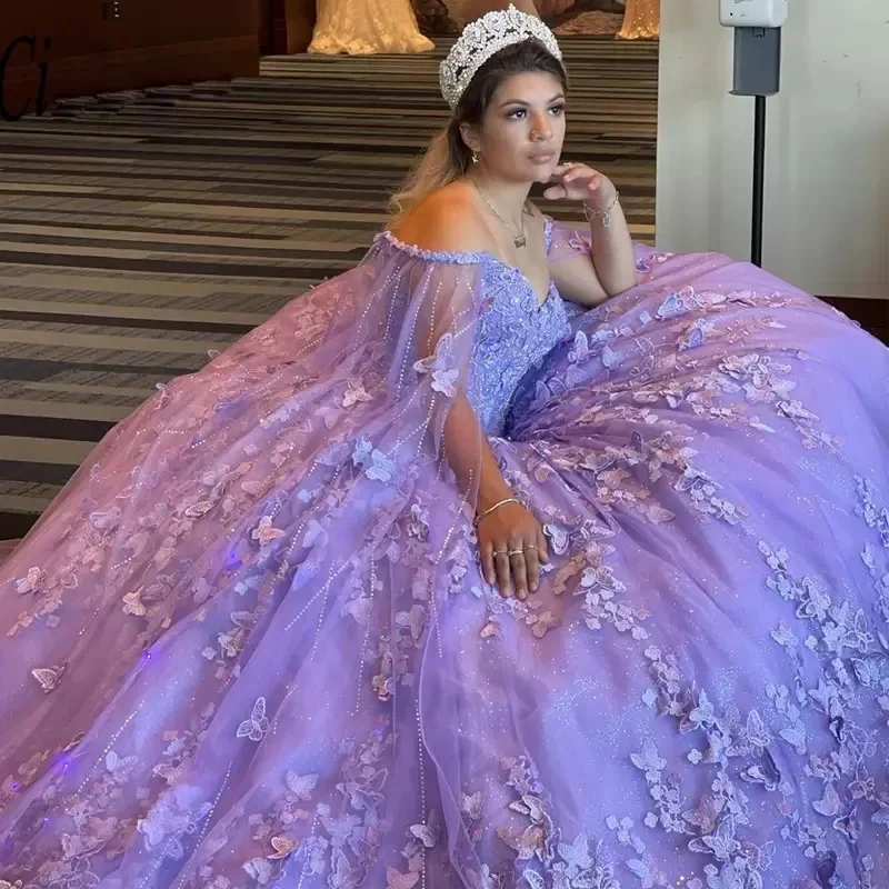 Increíble Vestido De baile De quinceañera con capa, flores 3D, Vestido De fiesta De cumpleaños para niña De 15 años