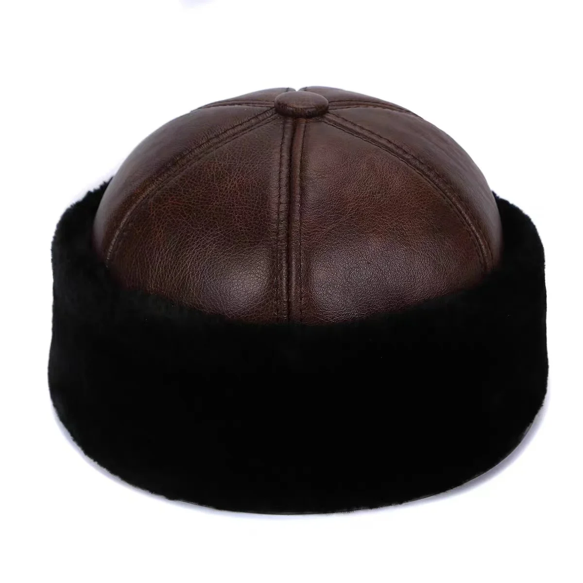 Leather Bone Hat For Men Winer Genuine Cowhide Thick Faux Fur Lining Landlord Skull Caps Ourdoor Windproof Warm Docker Yarmulke