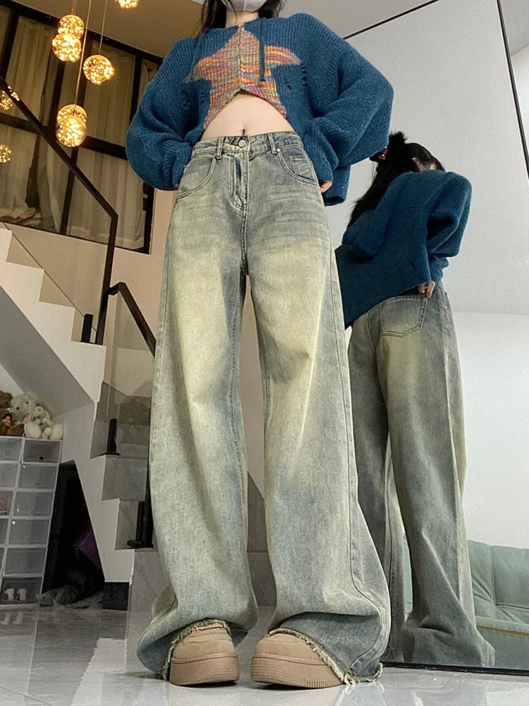 

American Mud Color Denim Jeans Women's High Waist Loose Slim Straight Large Size Frayed Drapey Retro Wide Leg Pants