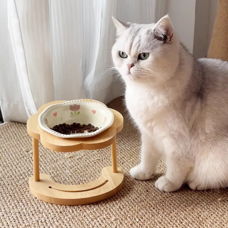 

Elevated Cat Dog Bowl With Wooden Stand 15° Tilted Ceramic Pet Food Dish Anti Vomit Anti Slip Feeder Neck Health Non-Tip