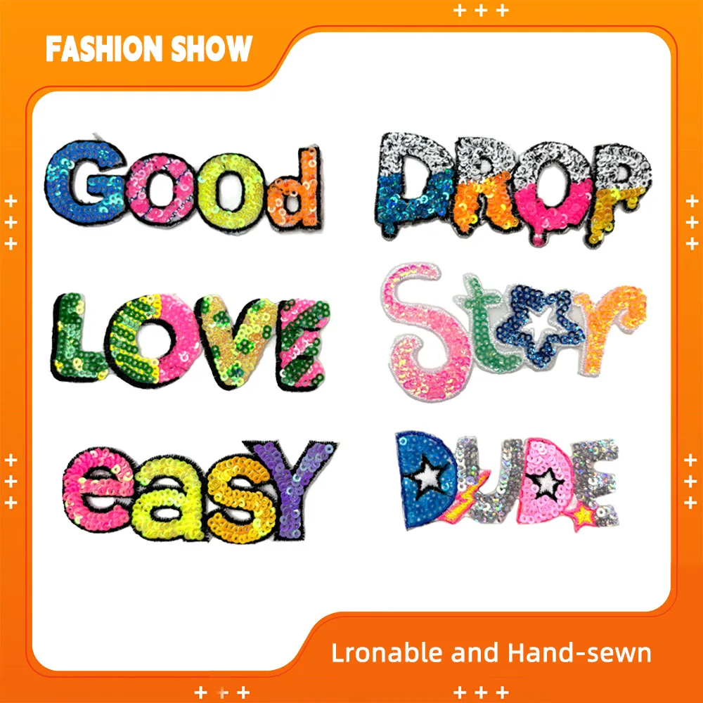 Sequin Embroider Patch Can Be Ironed and Hand-Sewn Letters Star/Drop/Easy/Good/Love DIY Clothing Decoration Hat T-Shirt Heat Tra