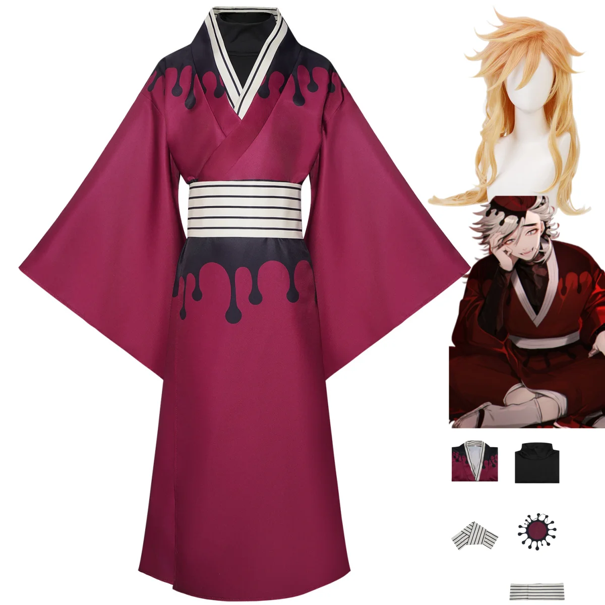 

Anime Douma Cosplay Costume Japanese-style Red Kimono Waistband Robe Yukata Wig Adult Man Woman Halloween Party Suit