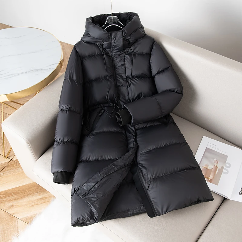 Cordon de serrage taille doudoune d'oie femmes automne hiver 2025 nouveaux manteaux longs à capuche épaissir 90 blanc duvet d'oie haute moelleux