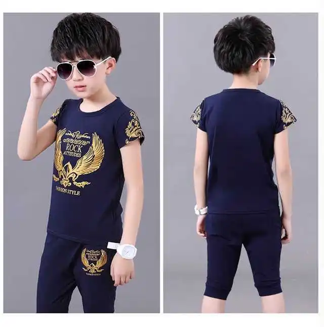 2023 teens Summer Boys Kids Clothes Baby Eagle Short Sleeve Cotton T-Shirt + Pants Teenager tracksuit 5 6 7 8 9 10 11 12 Year