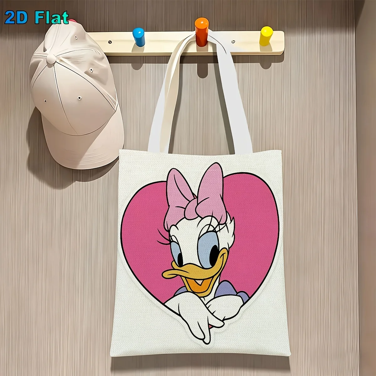1pc Daisy Duck Pink Heart & Bow Print Tote Bag, suitable for