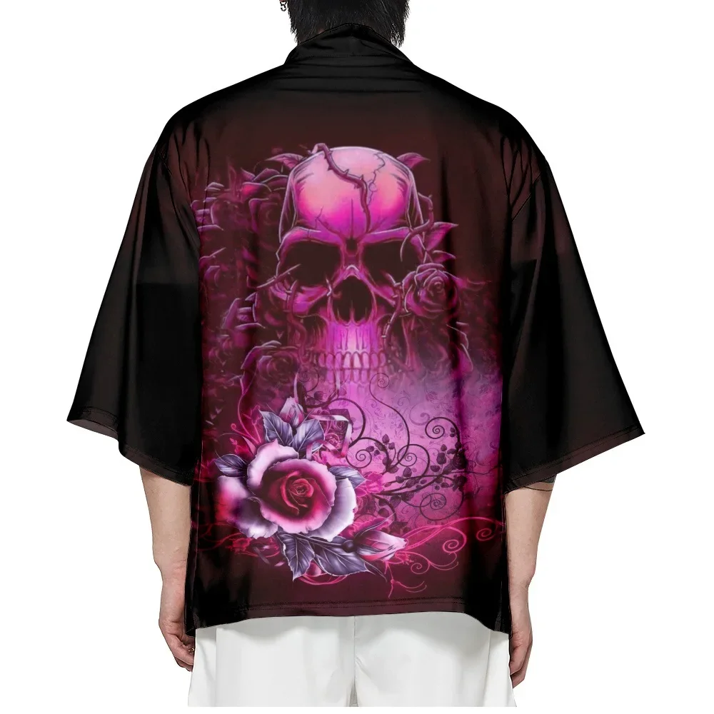 

Traditional Asian Clothing 2023 Streetwear Skull Rose Print Cardigan Japanese Kimono Women Men Haori Yukata