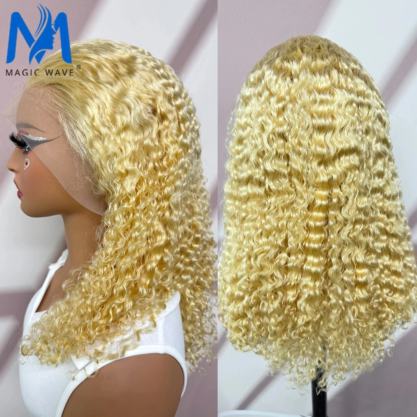 613# Blonde Water Wave Human Hair Wigs for Black Women 250% Density 13x4 Lace Frontal Curly Wave Brazilian Remy Hair Wig 20 Inch