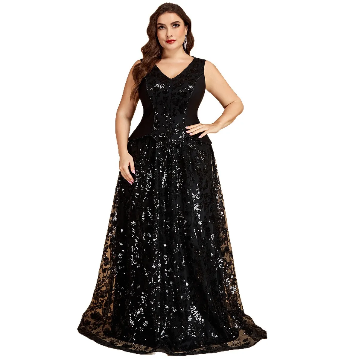Plus Size Black V Neck Sleeveless Fitted Peplum Floral Sequin Tulle Maxi Dress Empire Waist A Line Evening Gown view 5