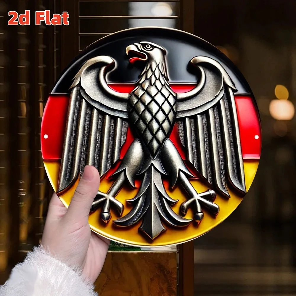 German Coat of Arms Wall Art - 7.8" Round Aluminum Emblem Black Eagle Golden Shield, Durable Indoor Outdoor Hanging Decor for