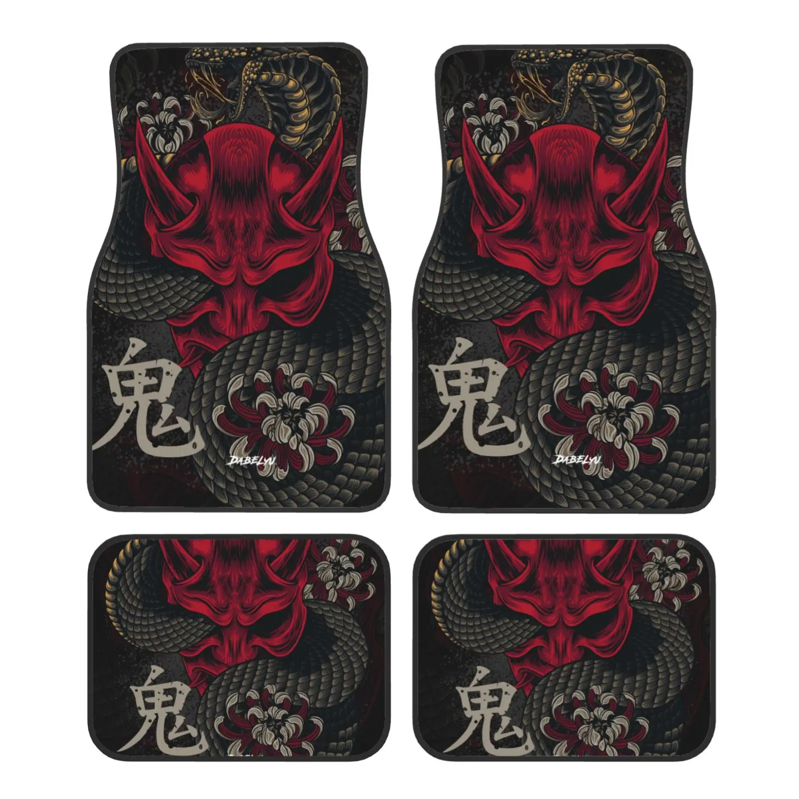 Alfombrilla para el suelo del coche con máscara ONI de arte japonés, juego de 4 piezas, adecuada para todos los accesorios de alfombrilla para el suelo del coche, alfombrillas de terciopelo cristalino