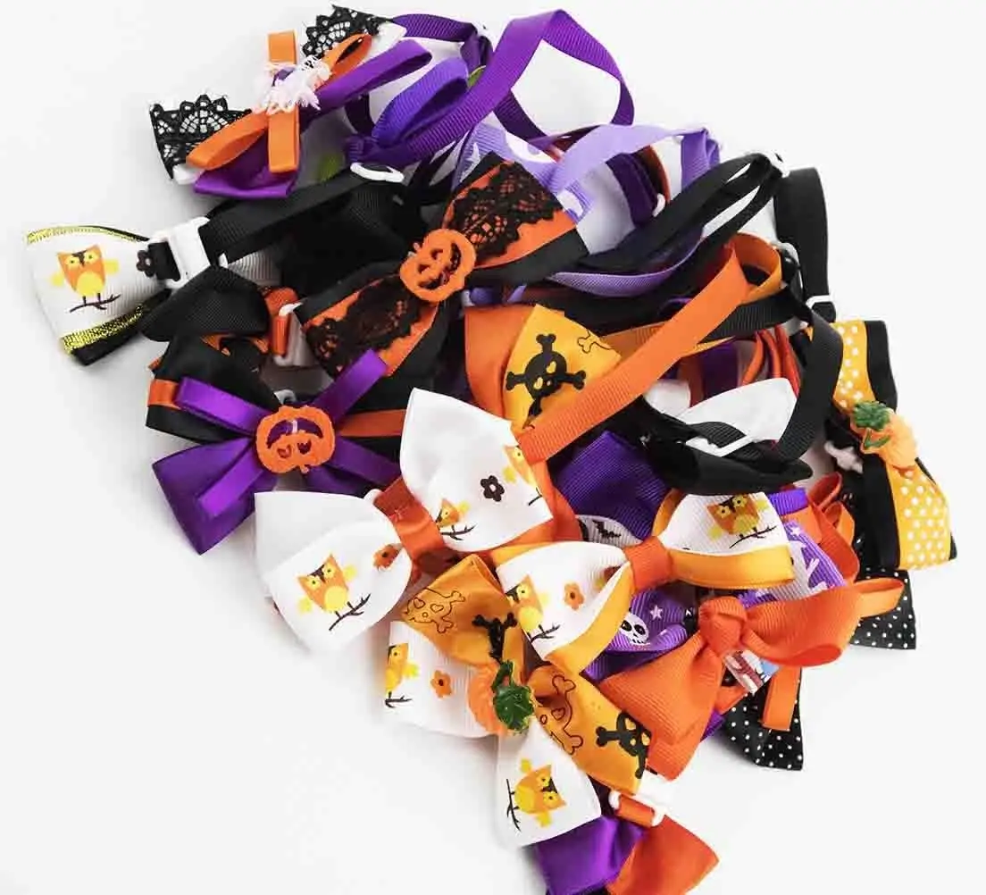 50pcs Halloween Dog Bow Ties Puppy Dog Neckties Cat Collar Adjustable Dog Bowties Pet Ties Pumpkin Pet Grooming Accessories