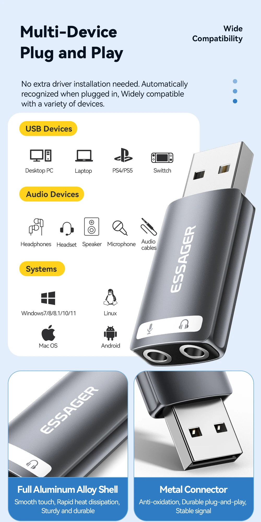 Essager USB-Soundkarte, externe Mini-Soundkarte, USB auf 3,5 mm Schnittstelle, Stereo-Audio-Adapter für PS4, PS5, Switch, Laptop-Headset – Detail 4