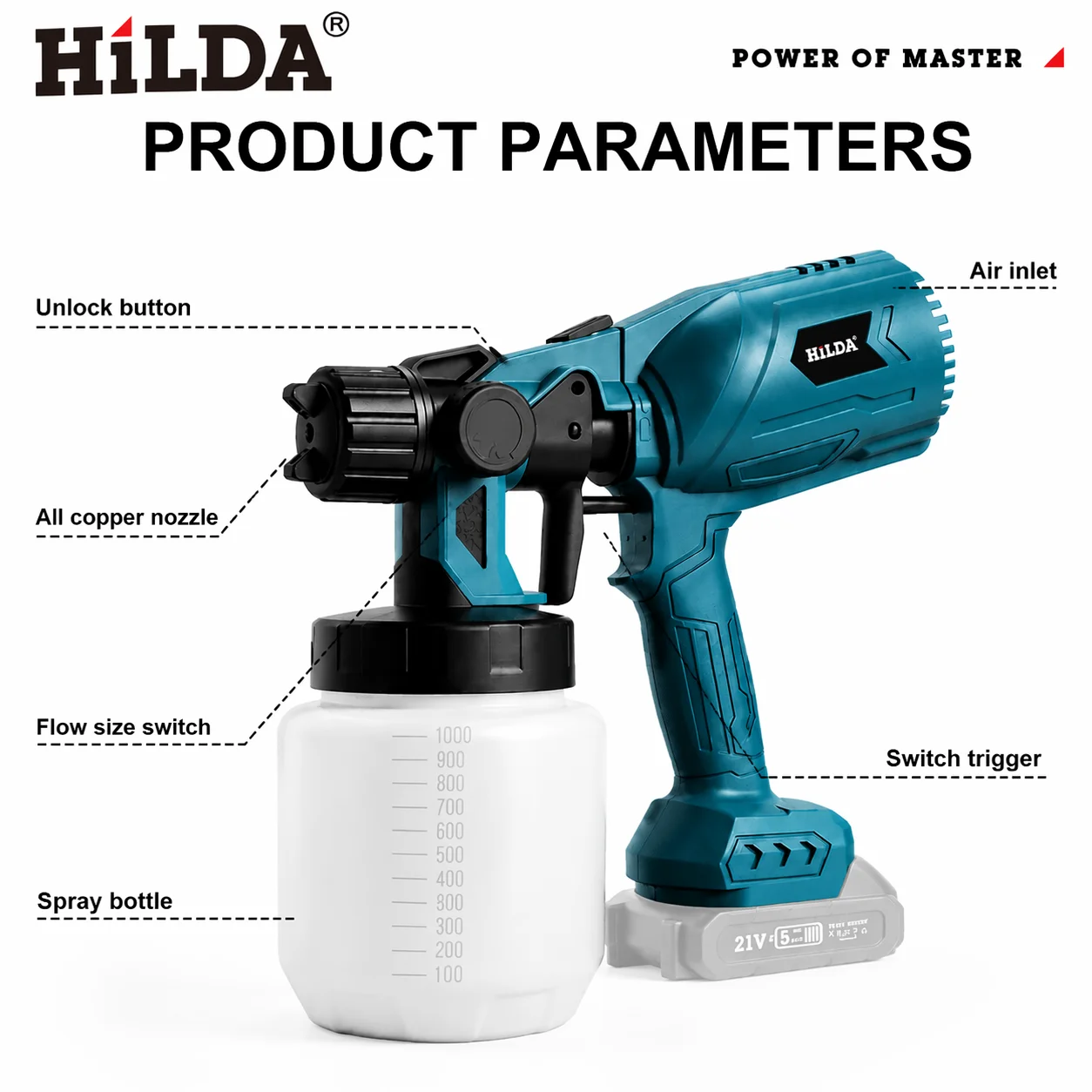 HILDA Cordless Paint Sprayer 1000ml Large Tank Electric Spray Gun 3 Spray Modes Adjustable Flow For Furniture For Makita Battery