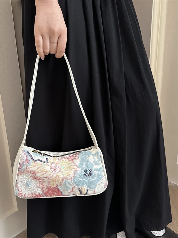 Elegant Embroidered Floral Shoulder Bag Shiny Sequins Casual Style Rectangular Shape Soft Leather Handle for Young Women