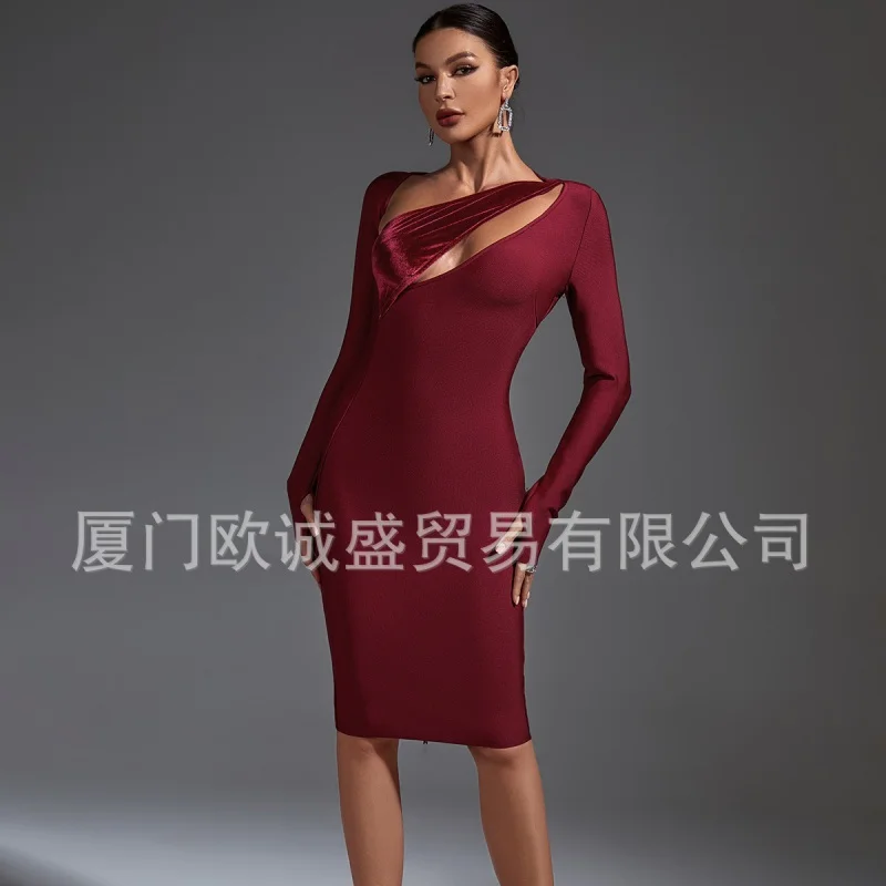 

2023 Autumn and Winter European and American New Long Sleeve Hollow out Diagonal Collar Backless Zipper Sexy Slim Waist Bandage