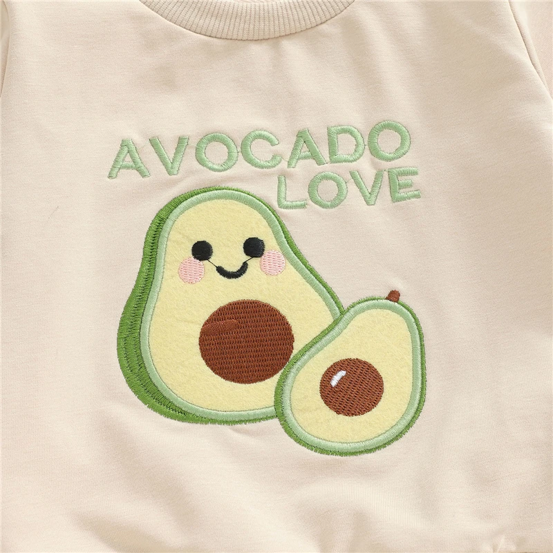 طفل صبي الخريف ملابس الأفوكادو خطابات التطريز طويلة الأكمام جولة الرقبة البلوز + مرونة الخصر السراويل الصلبة 2 قطعة مجموعة