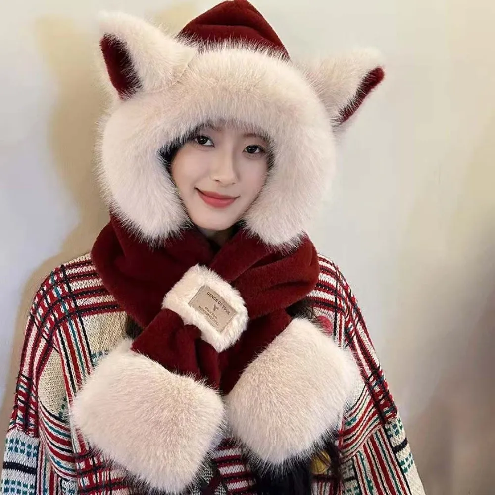 

Lei Feng Cap Cartoon Winter Plush Hat Anti-cold 2 IN 1 Animal Ear Scarf Hat Warmer Windproof Ear Protection Cap Travel