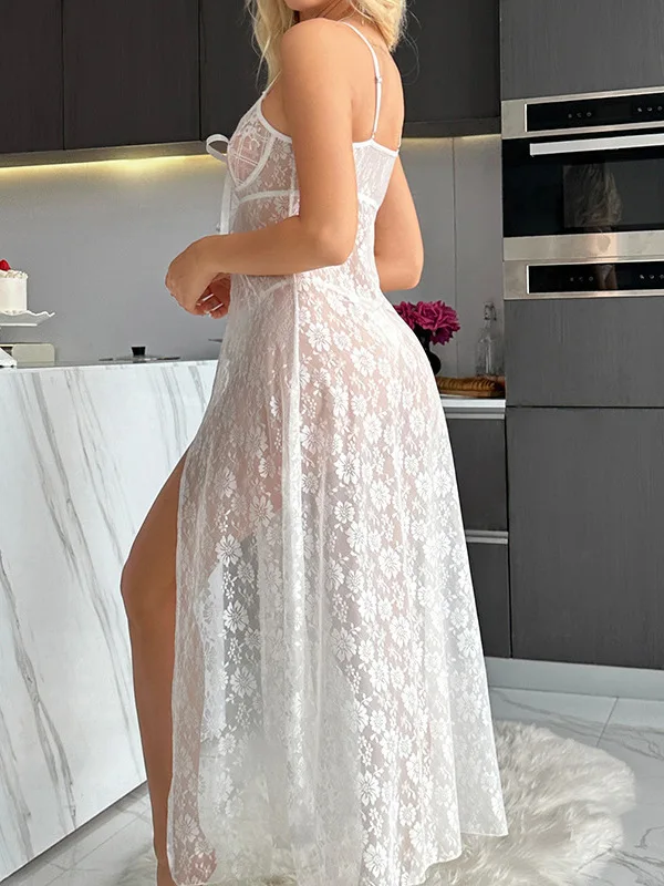 Women's New Sexy Mesh Front Bow Long Dress Erotic Dress Elegant V Neck Hot Sexy Mesh Korean Women Transparent Dresses I7WD