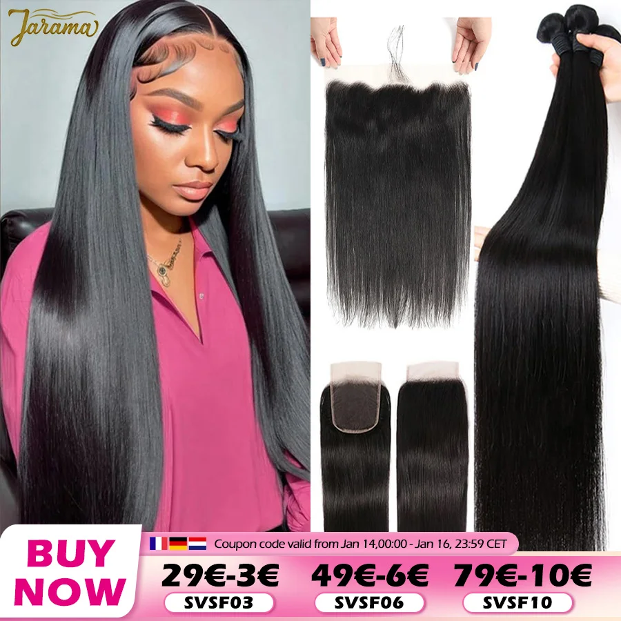 Straight Human Hair Bundles With Closure Bundles With Lace Frontal 100% Brazilian Human Hair 4x4/13x4 Transparent Lace Closure Frontal Natural Human Hair Women Fast Delivery 3 Days France