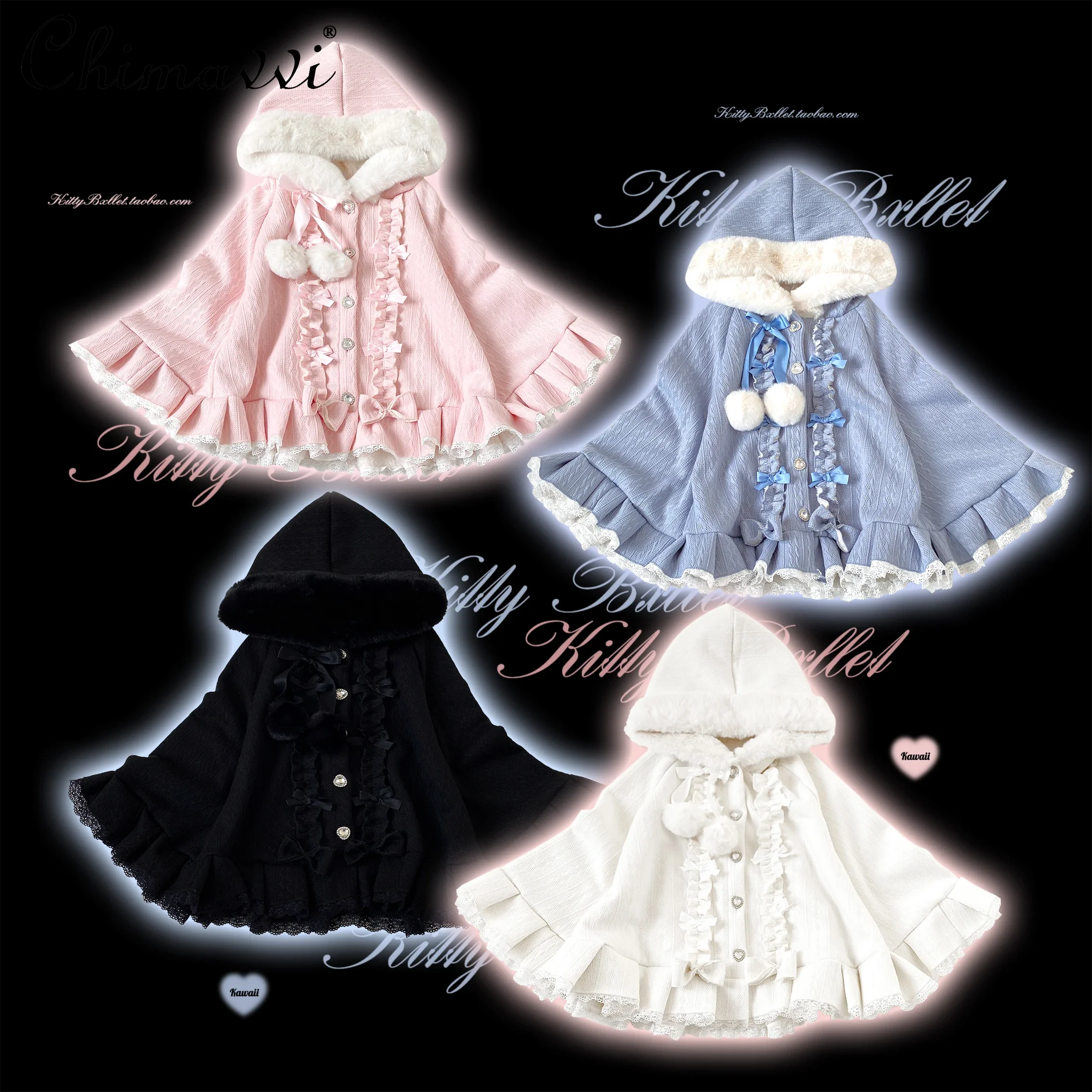 Sweet Girl Kawaii Diamond Buckle Cape Jacket Autumn and Winter Japanese Mines Loose Cute Bow Hooded Velvet Small Shawl Coat