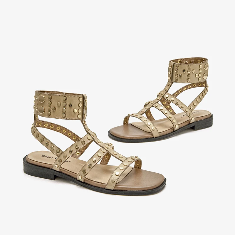 BeauToday Gladiator Sandals Women Leather Shoes Rivet Ankle Buckle Strap Roman Casual Handmade Flat Summer Ladies Shoes 07113