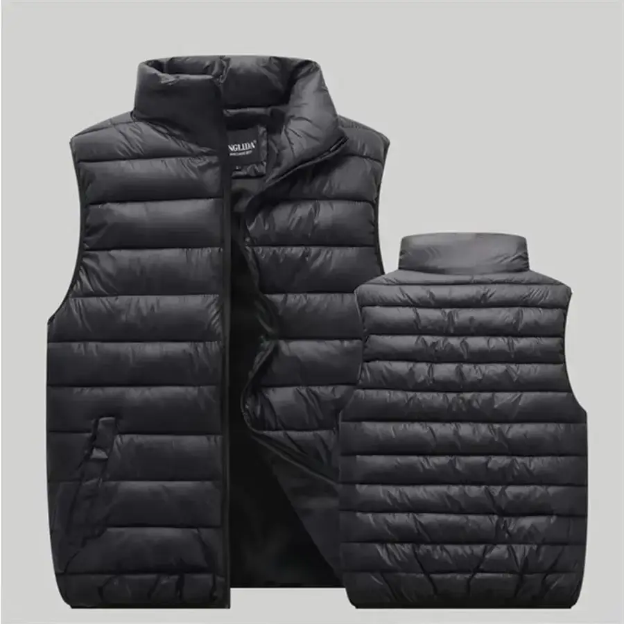 Men's Warm Sleeveless Jacket Autumn Winter Ultra Light Cotton Padded Vest Casual Stand Collar Zip Up Solid Waistcoat Top