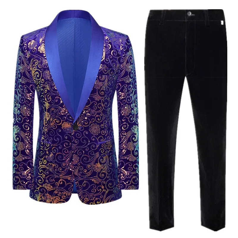Fashion men gold velvet splicing luxury wedding suit 2 piece black / blue singer host stage performance Blazer and pants