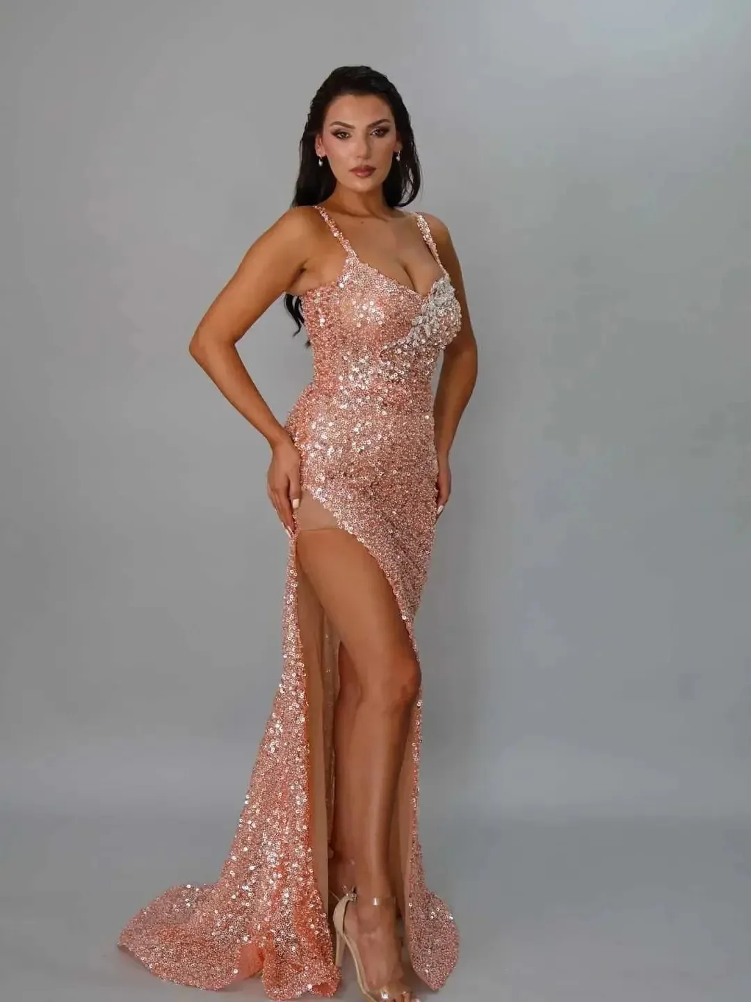 

Custom 2026 Luxurious Sparkling Mermaid Water Diamond Glitter Ball Dress Sexy V-neck Split Long Special Occasion Evening Dress
