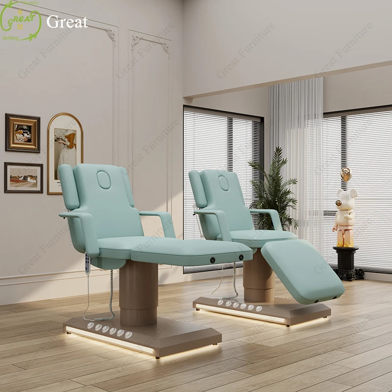 Creative Design Wood Grain Base Beauty Salons Bed Electric Sky Blue Leather Eyelashes Facial Table Massage Bed