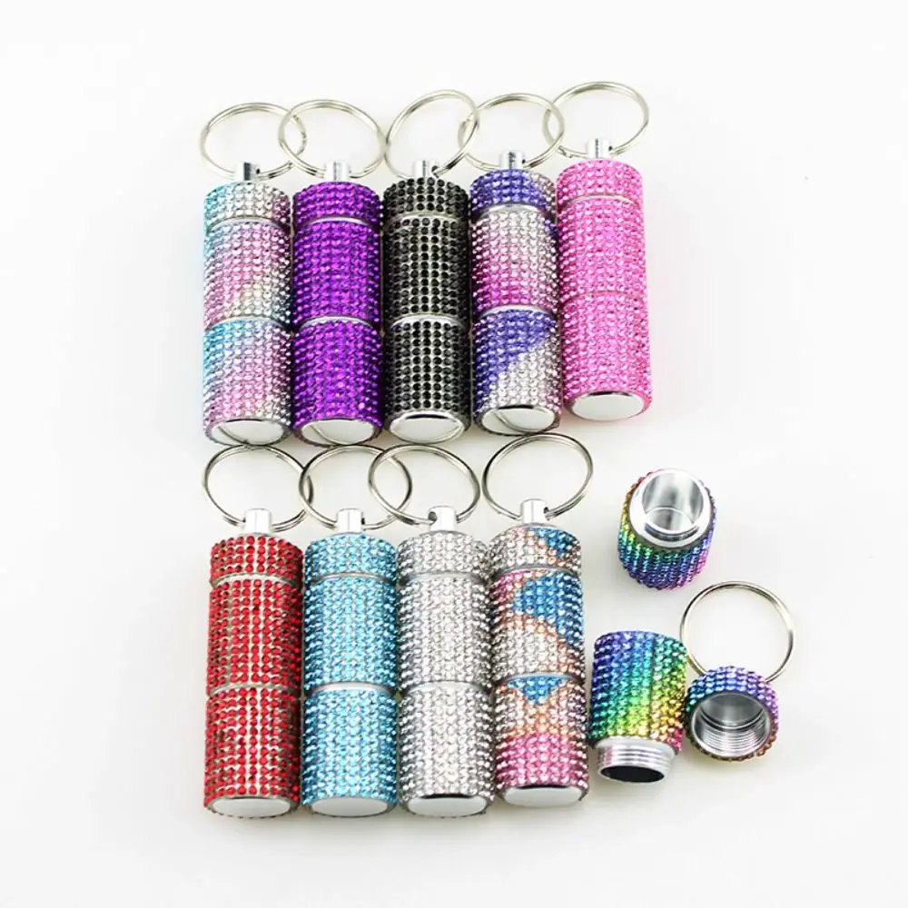 Rhinestone Shiny Pill Case Keychain Waterproof Portable Cute Pill Storage Box Mini Key Ring Organizer Bottle Pendant Women