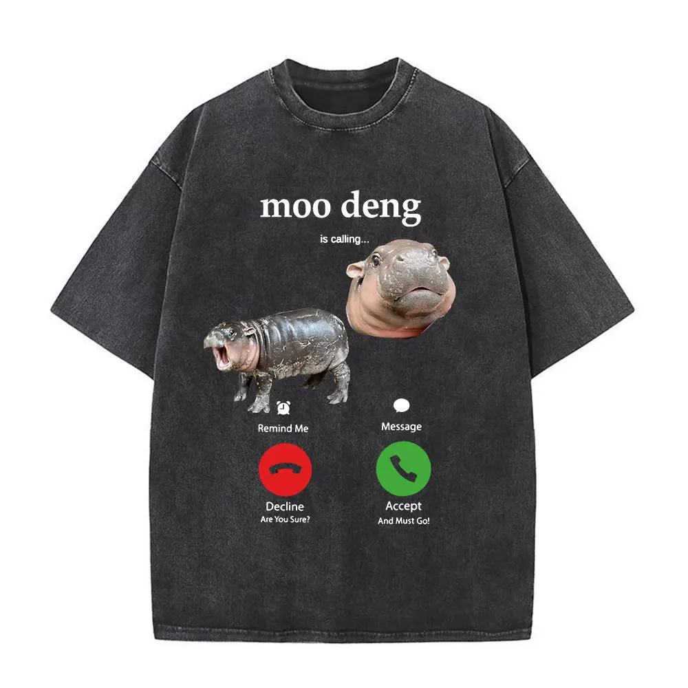 Moo Deng Is Calling Answer Call Phone T-Shirt Cute Baby Hippo Funny Vintage Washed T-shirts Cotton Casual Short Sleeve T Shirts