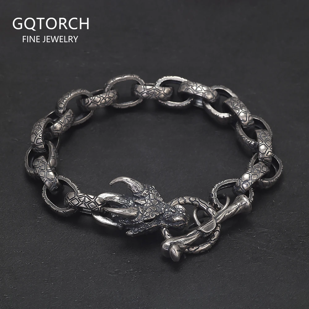 

925 Sterling Silver Viking Dragon Head O-chain Bracelet for Men OT Buckle Antiqued Punk Retro Sturdy Handmade Birthday Jewelry