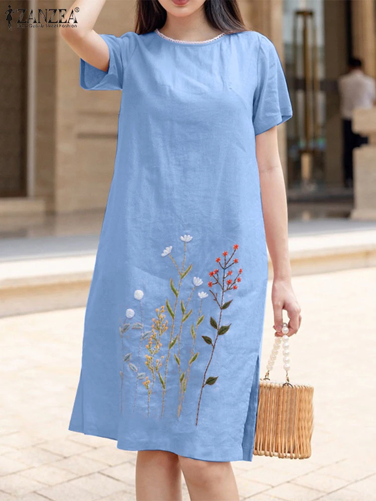 ZANZEA Fashion Summer Dress Women Bohemian Floral Embroidery Sundress Robe Femme Casual O Neck Short Sleeve Party Midi Vestido