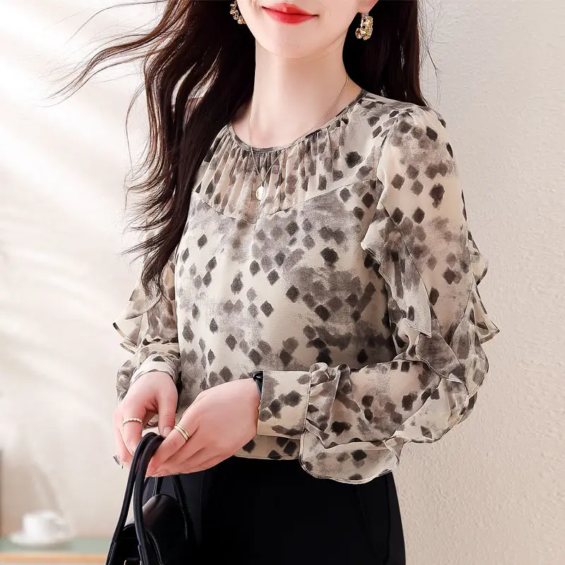 Vintage Printed O-Neck Spliced Butterfly Sleeve Shirts Women\'s Clothing 2024 Autumn New Loose Office Lady Tops Chic Blouses